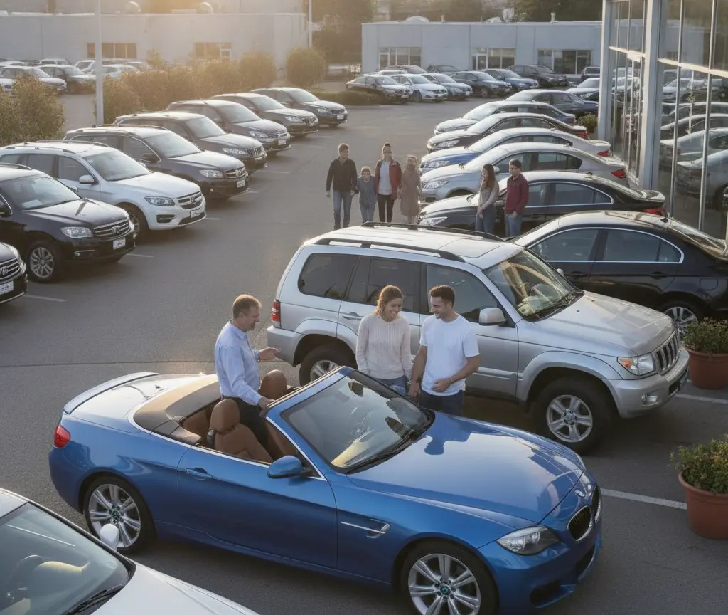 Un venditore mostra un'auto cabriolet blu a una coppia in un piazzale pieno di automobili all'aperto.