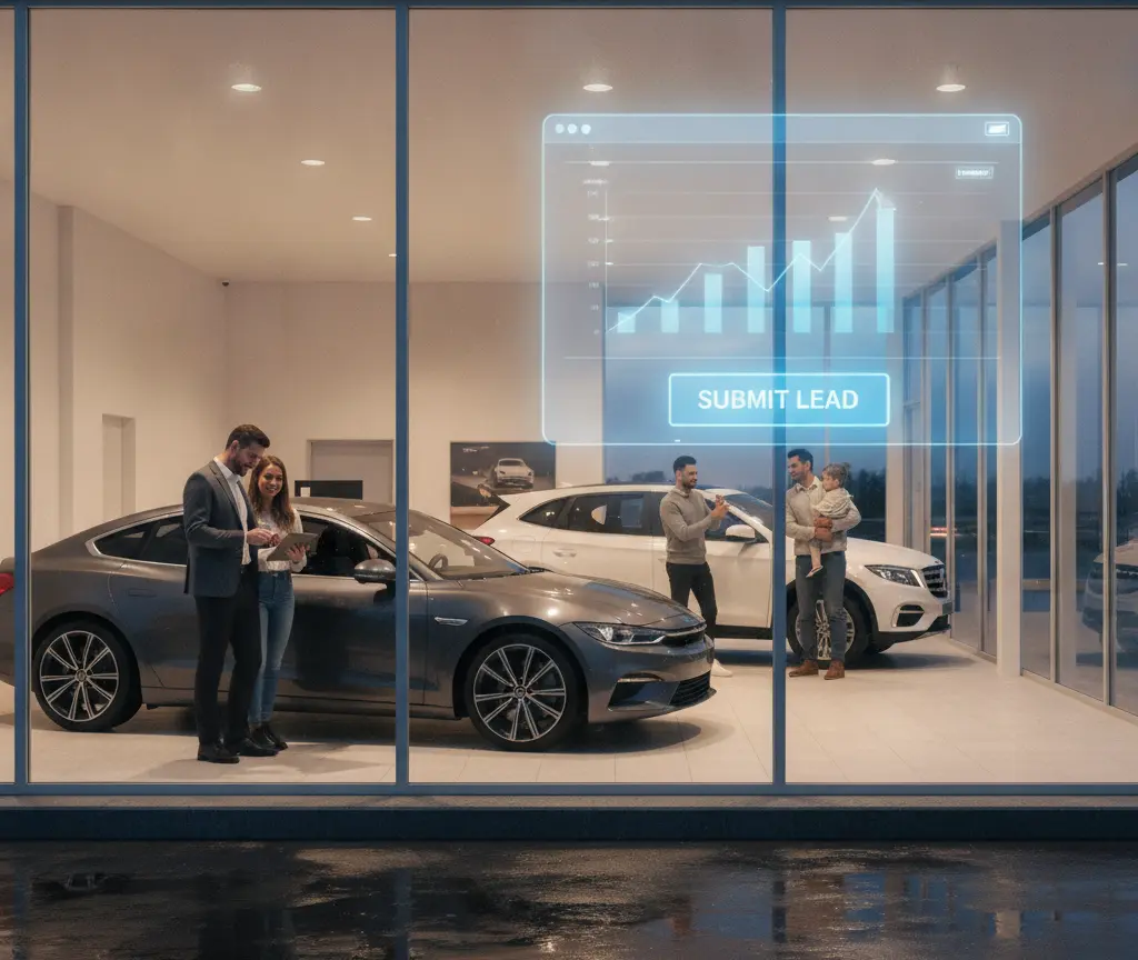A view through a glass window of a car dealership showroom where people look at cars, with a digital graphic of a bar chart and a submit lead button overlaid on the glass.