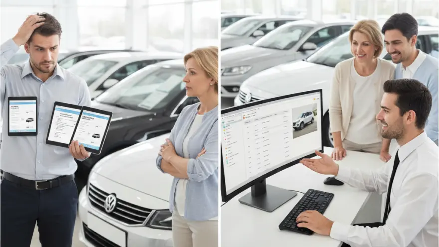 Deux scènes comparatives montrant à gauche un vendeur confus avec des tablettes face à une cliente, et à droite un conseiller souriant présentant un écran d'ordinateur à un couple dans une concession automobile.