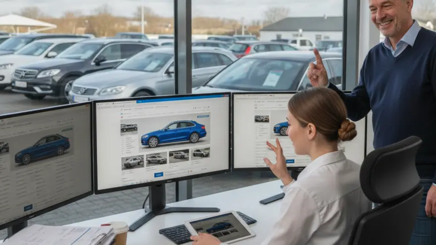 Un hombre sonriente de pie junto a una mujer sentada frente a tres monitores de computadora que muestran imágenes de automóviles en una oficina con vista a un estacionamiento.