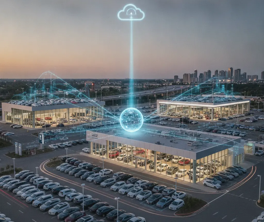 Vista aérea de varios concesionarios de automóviles iluminados al atardecer con gráficos digitales de una nube y una esfera conectadas por líneas de luz.
