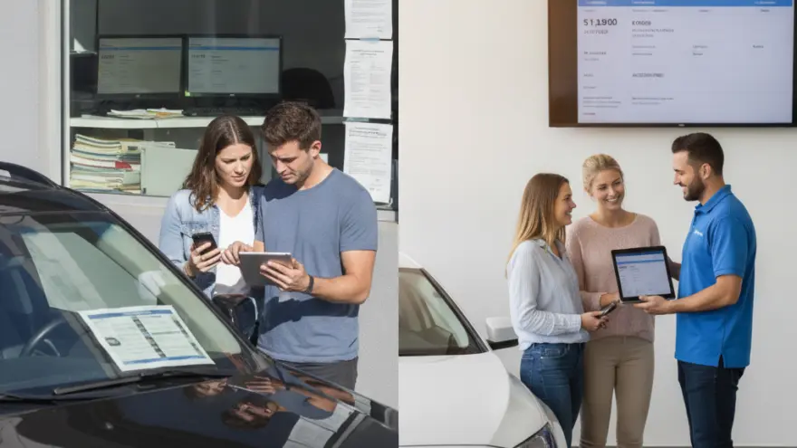 Dos imágenes que muestran a clientes interactuando con dispositivos móviles y un vendedor junto a automóviles en un concesionario.