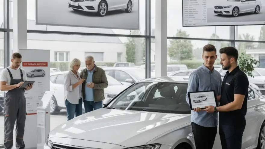 Un venditore mostra un tablet a un cliente accanto a un'auto bianca in un salone automobilistico, con altre persone e cartelli sullo sfondo.