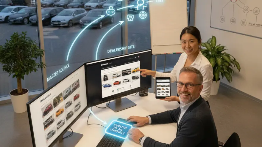 Un uomo e una donna sorridono in un ufficio davanti a due monitor che mostrano annunci di auto, con un grande parcheggio visibile fuori dalla finestra.