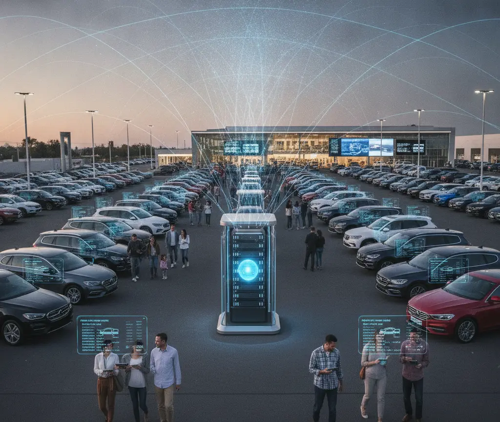 Un grande piazzale di una concessionaria d'auto con numerose vetture parcheggiate, persone che camminano e una colonna tecnologica centrale da cui si diramano linee luminose digitali.