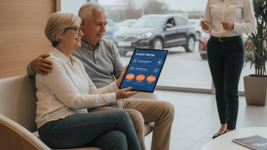 Una pareja de adultos mayores sentada en un sillón mira una tableta digital mientras una empleada de pie los observa sonriendo en un concesionario.