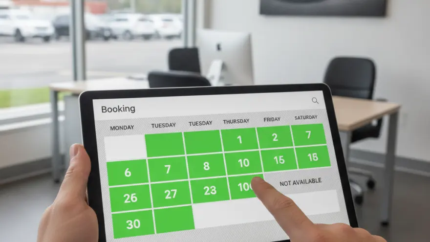 Una persona sostiene una tableta digital que muestra un calendario de reservas con fechas en verde dentro de la oficina de un concesionario de coches.