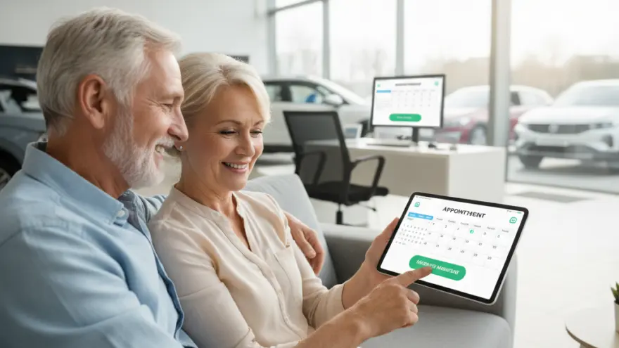 Un couple de seniors souriant assis sur un canapé dans une concession automobile regarde une tablette affichant un calendrier de rendez-vous.
