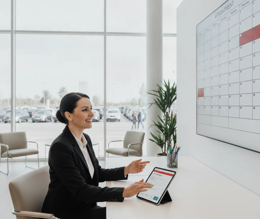 Une femme en costume noir assise à un bureau blanc utilise une tablette devant un grand calendrier mural dans un bureau lumineux.
