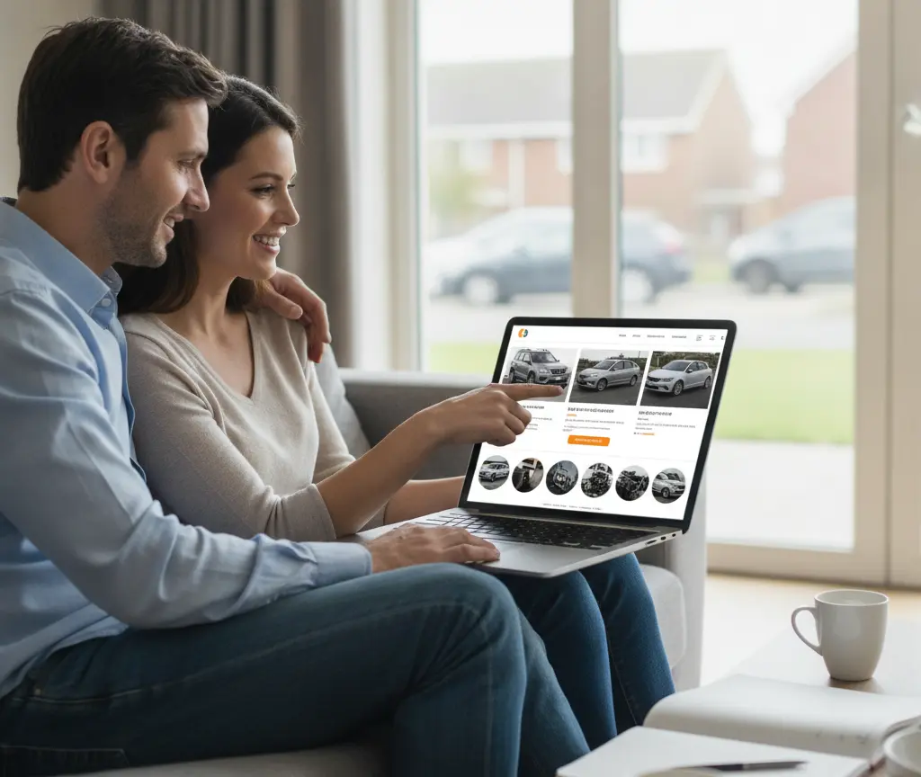 A smiling man and woman sit on a couch looking at a laptop screen showing a website with images of cars.