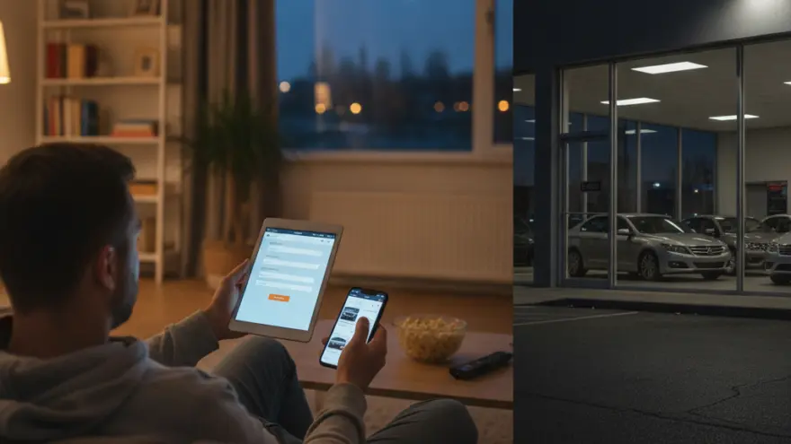 Een man zit 's avonds op de bank met een tablet en smartphone, naast een afbeelding van een verlichte autoshowroom in het donker.