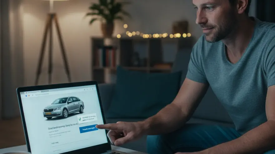Een man zit op de bank en wijst naar een afbeelding van een zilveren auto op zijn laptopscherm.