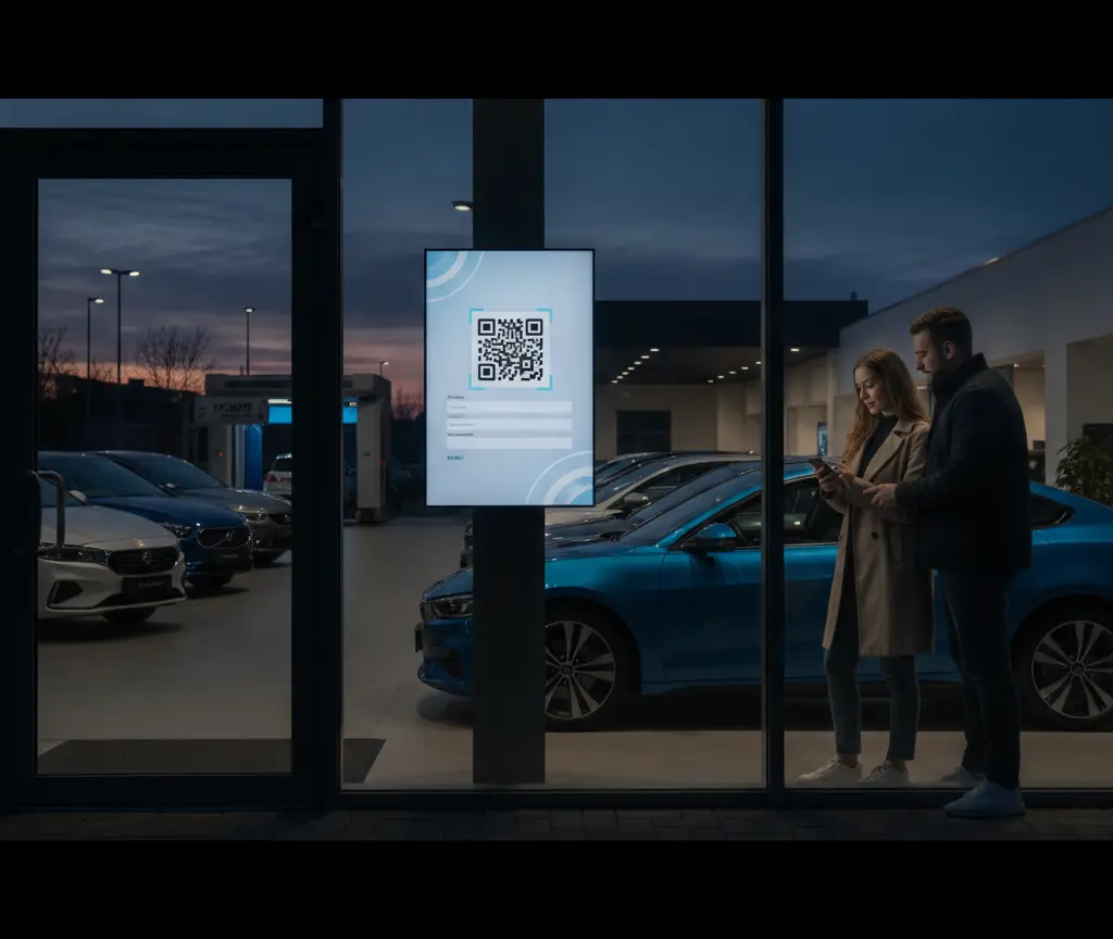 Een man en een vrouw staan 's avonds bij een showroomraam en kijken naar een smartphone, naast een scherm met een QR-code.