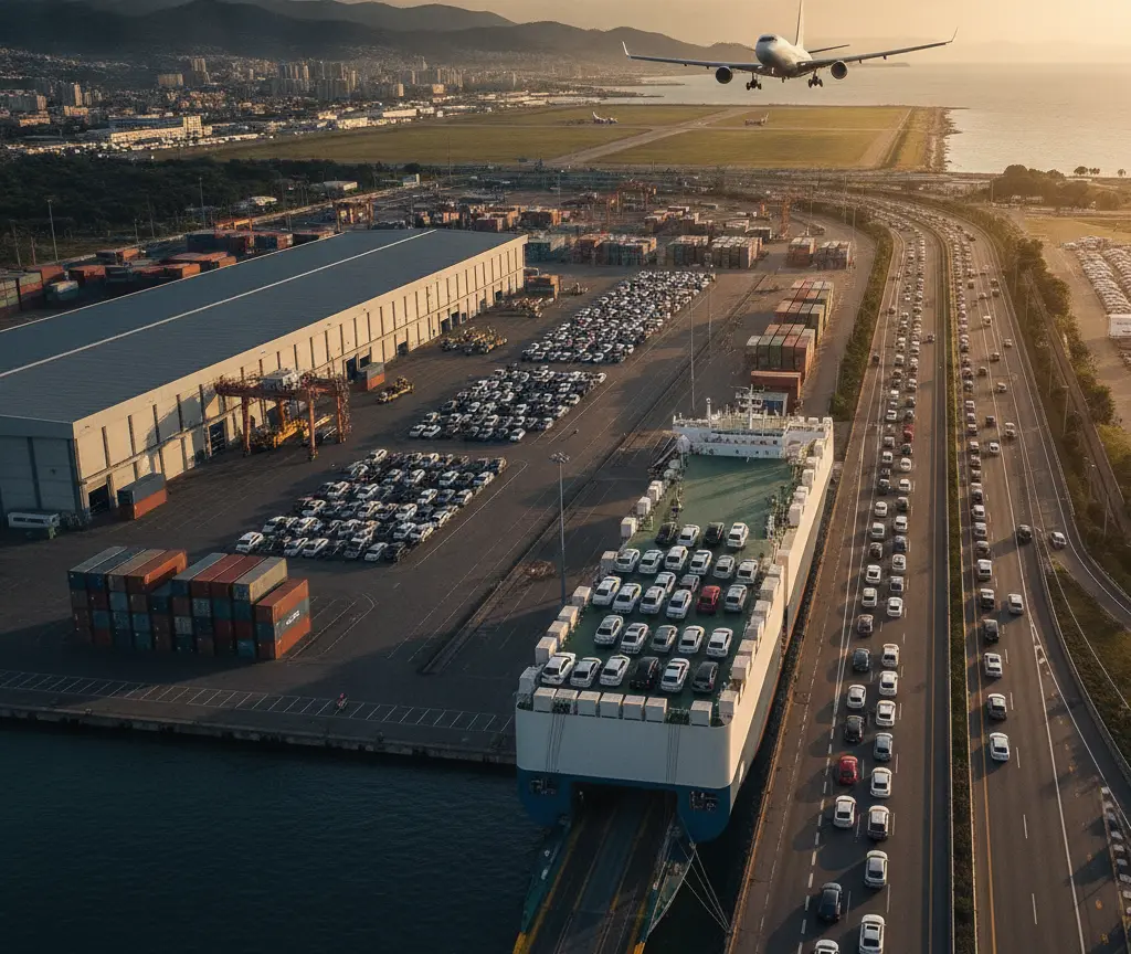 An aerial view of a cargo ship loaded with cars docked at a port next to a highway with heavy traffic, with an airplane flying overhead near an airport runway.