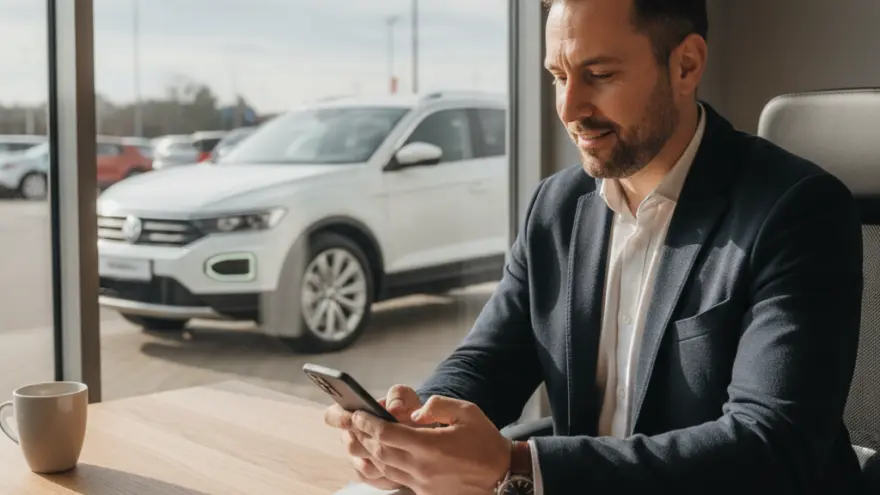 Een glimlachende man in een donkerblauw jasje zit aan een houten bureau en kijkt op zijn smartphone, met op de achtergrond een witte auto die buiten geparkeerd staat.