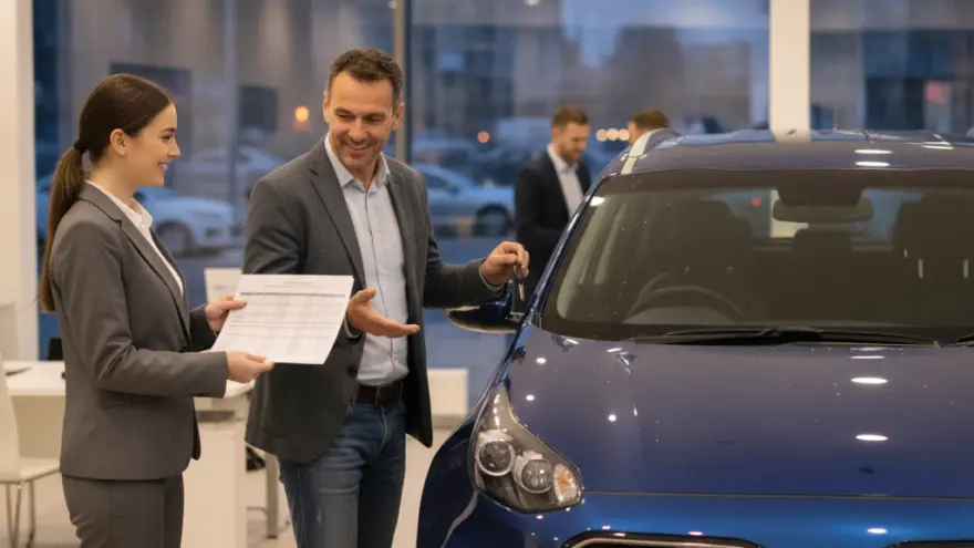 Een lachende man in een colbert en spijkerbroek ontvangt de autosleutels van een verkoopster in een showroom naast een blauwe auto.