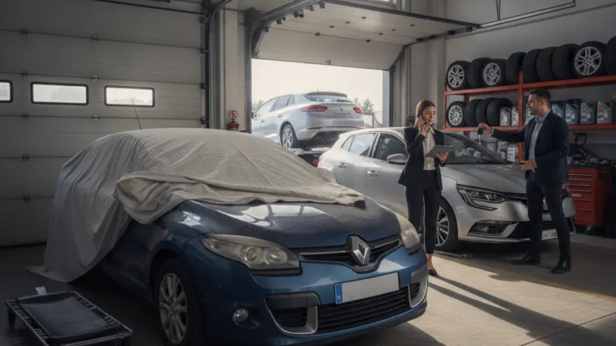 Es blaues Auto mit ere Abdeckplane staht im Vordergrund vonere Autowerchstatt, während im Hindergrund e Frau telefoniert und en Ma en Autoschlüssel hebt.