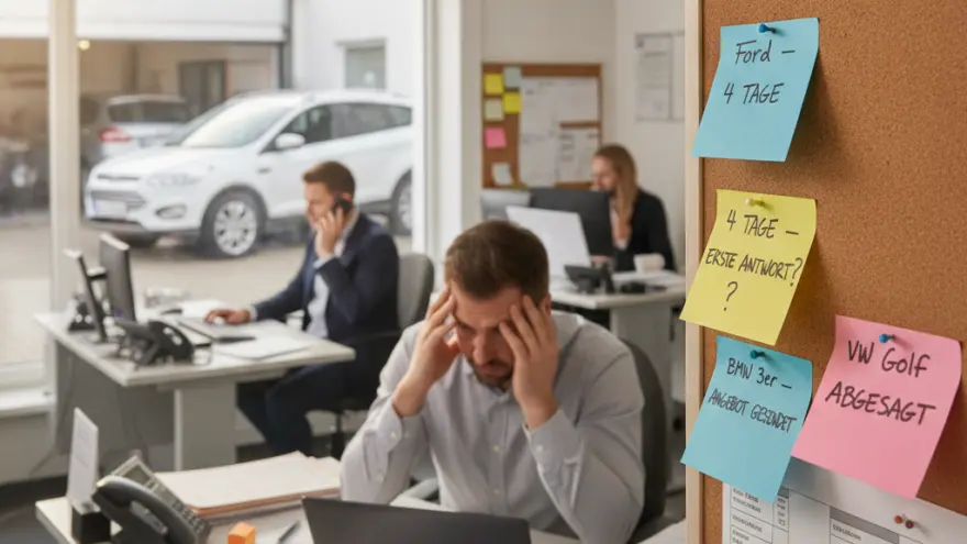 En gschtresste Mann im Büro hebt d Händ an Chopf vor em Laptop, während im Hindergrund anderi Lüt schaffed und duss es Auto staht.