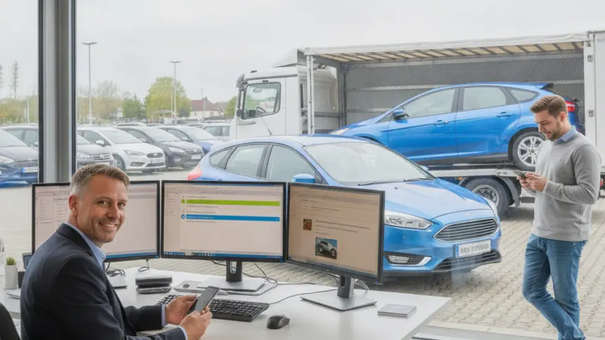 Ein Mann im Anzug sitzt lächelnd an einem Schreibtisch mit drei Monitoren, während ein anderer Mann draußen vor dem Fenster steht und auf sein Smartphone schaut.