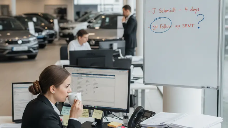 Eine Frau im Hosenanzug sitzt an einem Schreibtisch mit Computerbildschirmen und trinkt aus einer Tasse, während im Hintergrund eines Autohauses weitere Mitarbeiter und Fahrzeuge zu sehen sind.