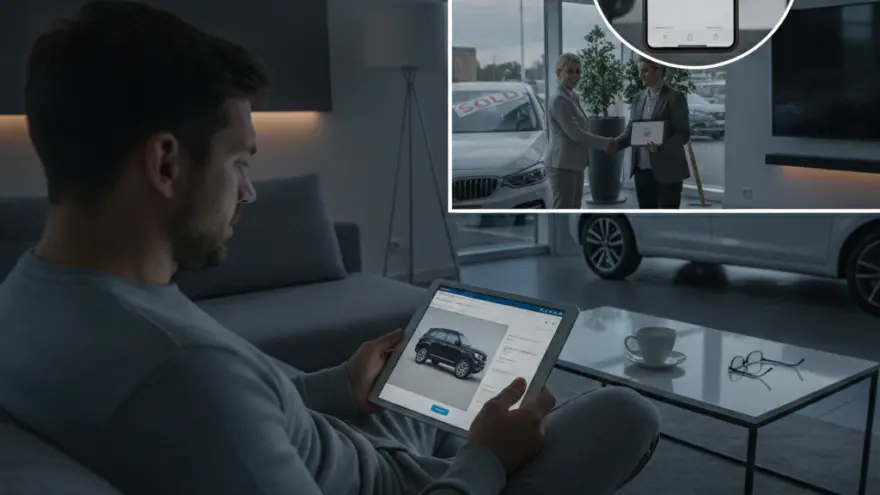 Ein Mann sitzt auf einem Sofa und betrachtet ein Auto auf einem Tablet, während im Hintergrund ein Autohaus und ein Smartphone eingeblendet sind.