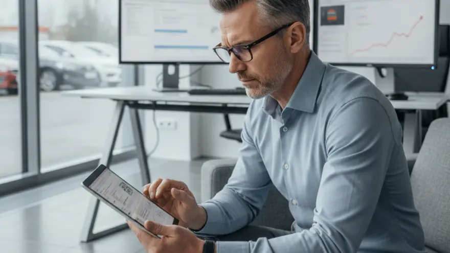 Ein Mann mit Brille und hellblauem Hemd sitzt auf einem Sofa und bedient ein Tablet in einem Büro mit Bildschirmen im Hintergrund.