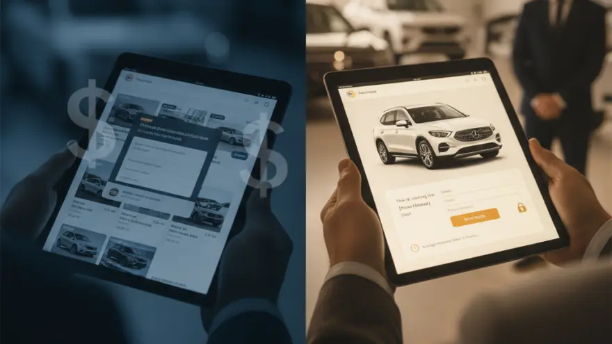Zweigeteiltes Bild mit Händen, die ein Tablet mit einer Fahrzeug-Website halten, einmal in kühlem Blau und einmal in warmem Licht mit einem Verkäufer im Hintergrund.