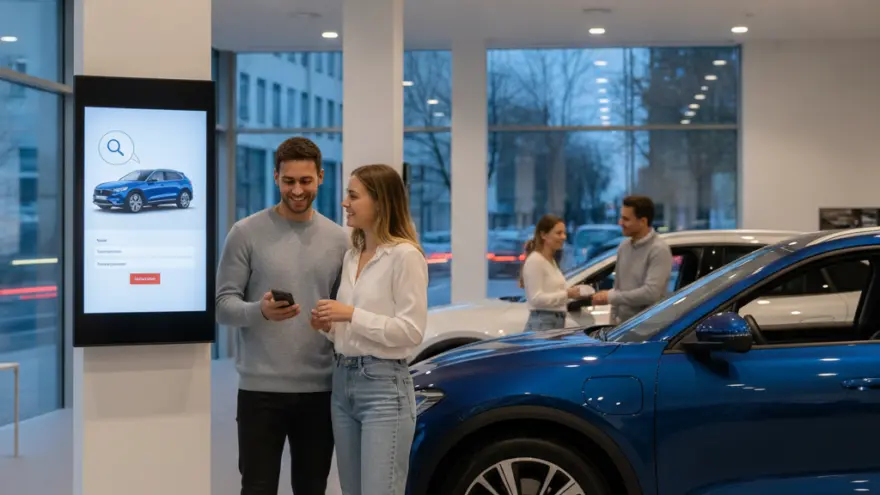 Ein Paar steht lächelnd in einem Autohaus neben einem blauen Auto und schaut auf ein Smartphone, während im Hintergrund ein weiteres Paar beraten wird.