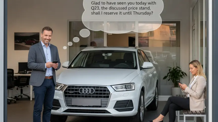 En Maa im Sakko staht näbed eme wiisse Auto und luegt uf sis Smartphone, während e Frau uf ere Bank sitzt und ebefalls uf ihr Handy luegt.