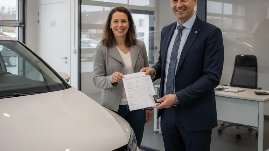 En Frau und en Maa imne Gschäftsazug stönd näbedeme wiisse Auto und hebed en Verchaufsvertrag und en Autoschlüssel.