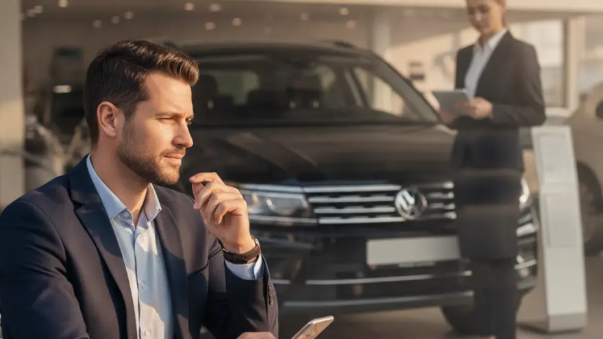 Ein Mann im Anzug sitzt an einem runden Tisch mit Kaffee und Croissant und blickt auf sein Smartphone, während im Hintergrund ein Auto und eine Frau stehen.