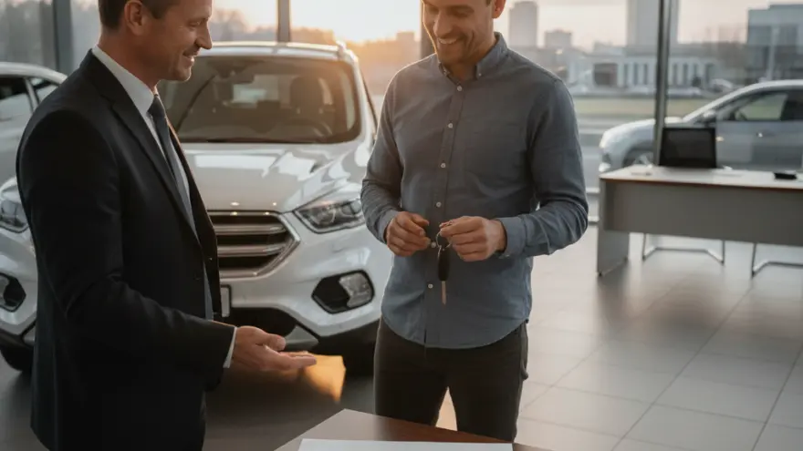 Ein lächelnder Mann in einem blauen Hemd hält einen Autoschlüssel in der Hand und steht neben einem Verkäufer im Anzug in einem Autohaus.