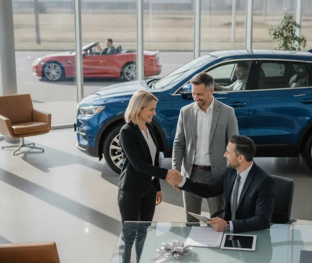 Eine Frau und ein sitzender Mann im Anzug geben sich in einem Autohaus vor einem blauen Auto die Hand.