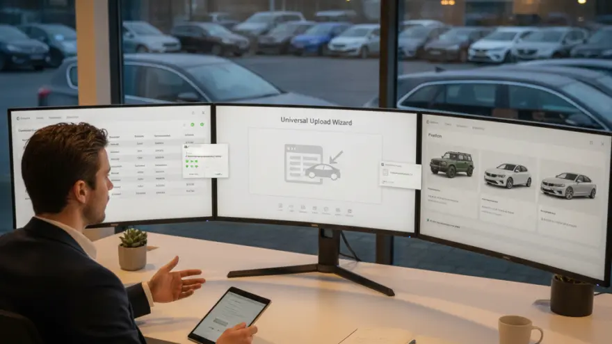 Een man in een pak zit aan een bureau voor drie grote computerschermen met autogegevens, met uitzicht op een parkeerplaats vol auto's.
