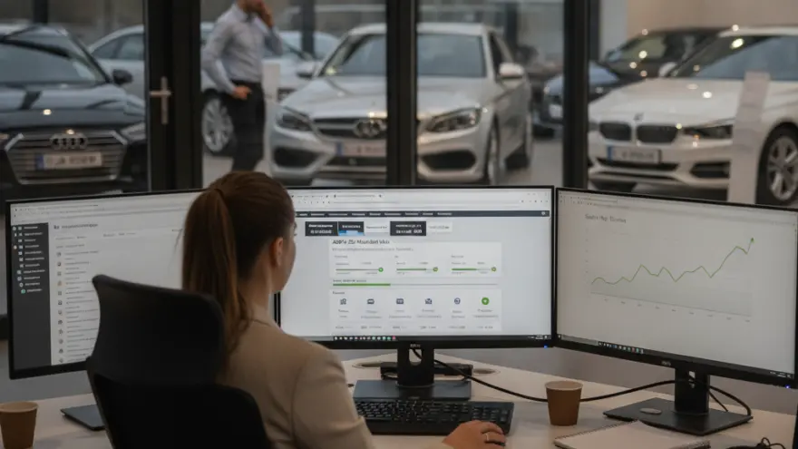 Een vrouw met een paardenstaart zit achter een bureau met drie computermonitoren in een kantoor met uitzicht op een showroom met auto's.
