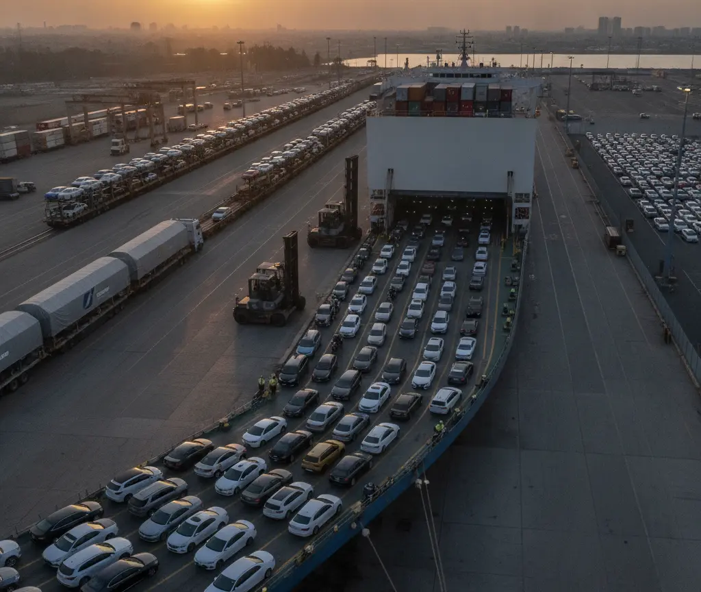 Luchtfoto van een groot vrachtschip in een haven waar rijen auto's via een oprijplaat aan boord worden gereden bij zonsondergang.
