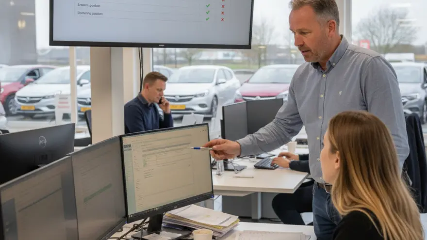 Een man in een blauw overhemd wijst met een pen naar een computerscherm terwijl een zittende vrouw toekijkt in een kantooromgeving met auto's op de achtergrond.