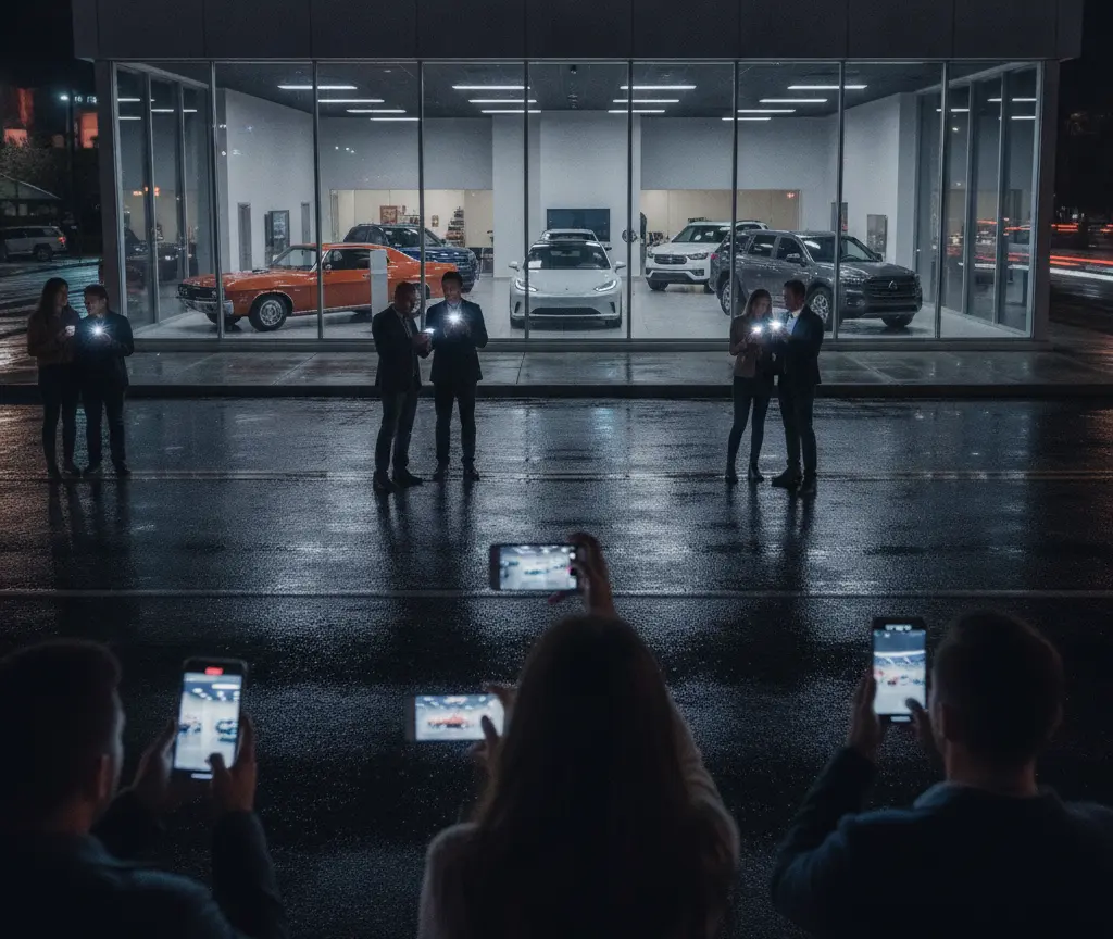Plusieurs personnes photographient avec leurs smartphones une concession automobile illuminée de nuit sous la pluie.