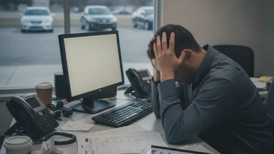 Een man in een blauw overhemd zit met zijn handen in het haar aan een bureau vol papieren en koffiebekers voor een raam met uitzicht op geparkeerde auto's.