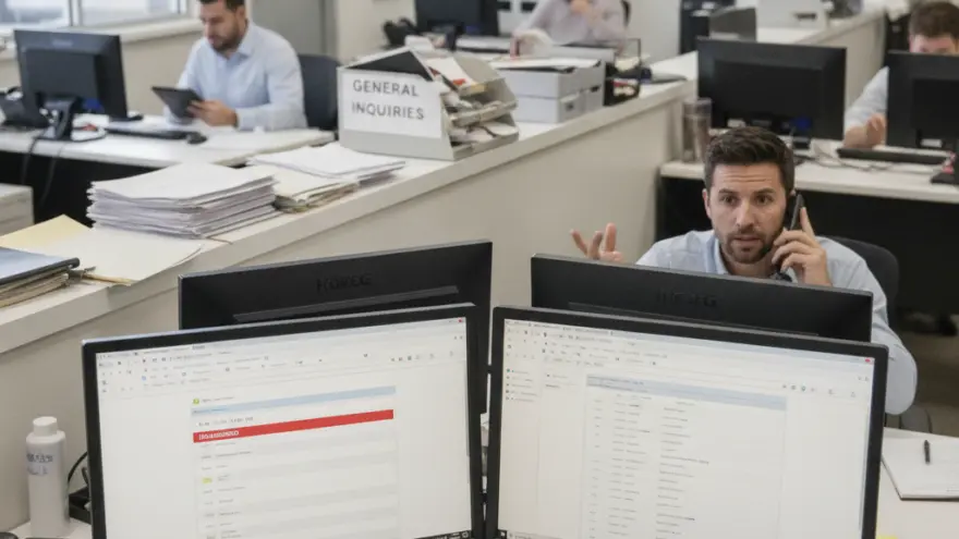 Een kantoortuin met medewerkers achter bureaus met computers, waarbij een man op de voorgrond telefoneert.