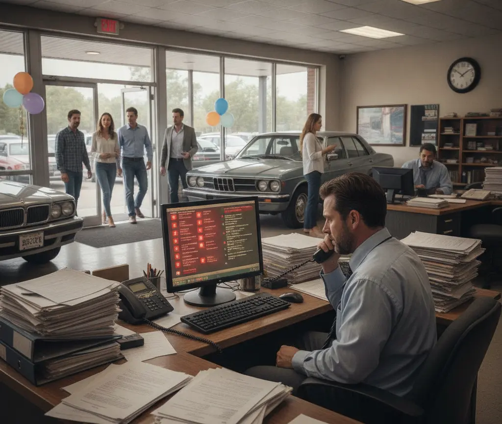 Een man in een blauw overhemd belt aan een bureau vol papierwerk in een showroom waar klanten naar auto's kijken.