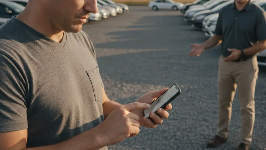 Een man kijkt op zijn smartphone op een parkeerterrein met auto's, terwijl een verkoper op de achtergrond naar hem gebaart.
