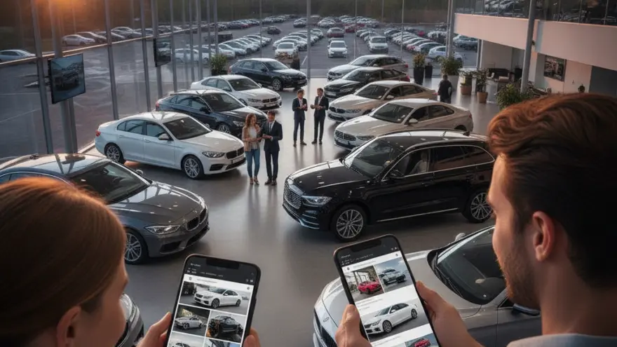 Een man en een vrouw bekijken smartphones in een grote showroom vol met auto's.