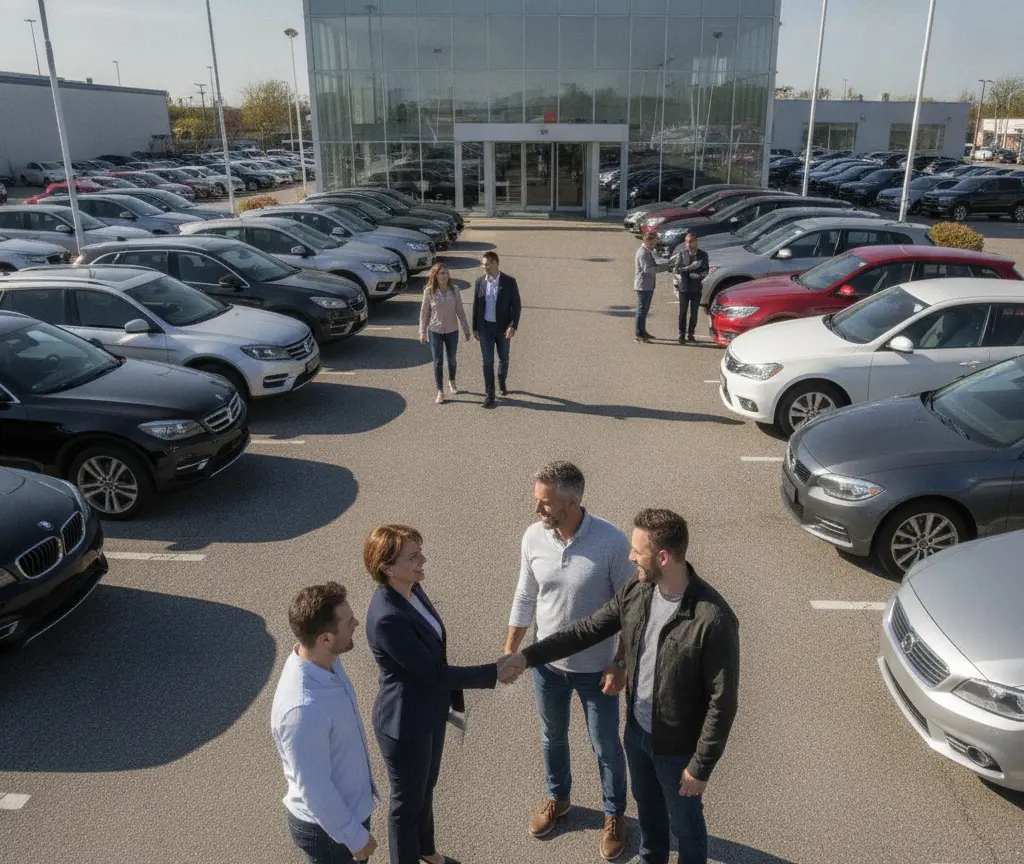 Een groep mensen schudt elkaar de hand op het parkeerterrein van een autodealer met talloze geparkeerde auto's.