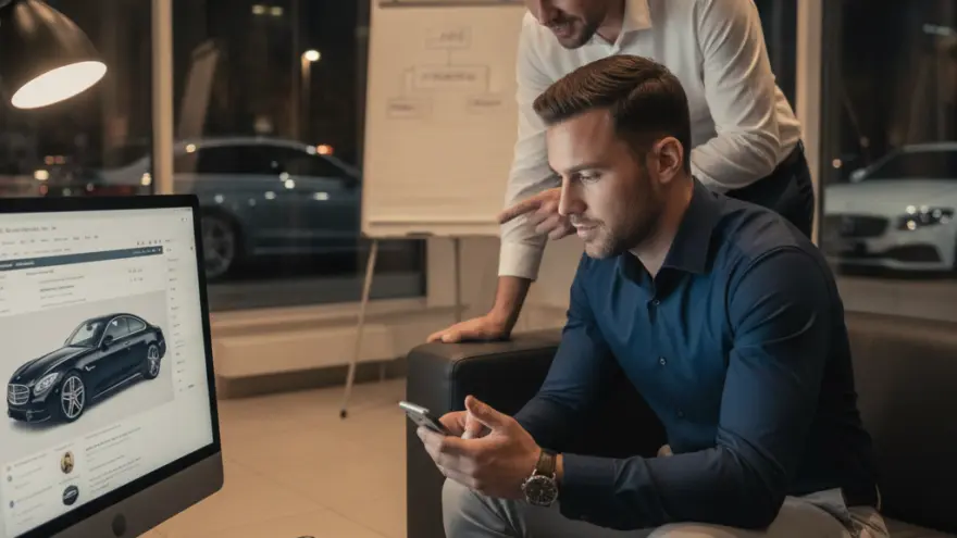 Twee mannen in een kantoor bekijken een afbeelding van een auto op een computerscherm terwijl een van hen op een smartphone kijkt.