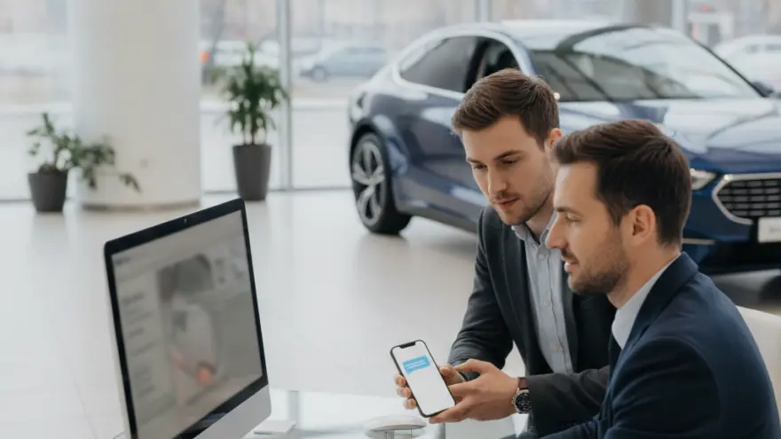 Twee mannen in pak kijken naar een computerscherm en een smartphone aan een glazen bureau in een showroom met een auto op de achtergrond.