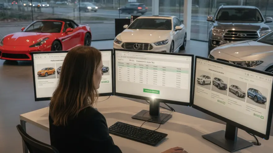 Een vrouw van achteren gezien werkt aan een bureau met drie computermonitoren in een autoshowroom met auto's op de achtergrond.