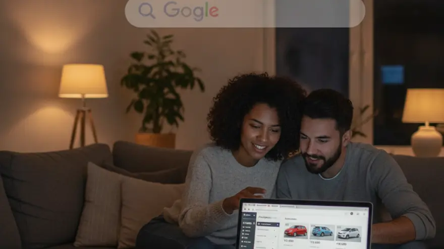 Een man en een vrouw zitten op een bank en kijken samen naar een laptop waarop auto's worden getoond.