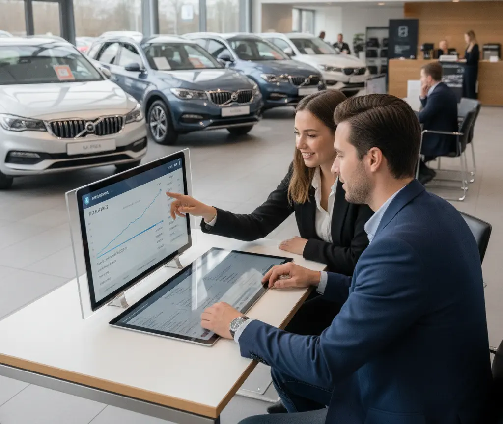 Een man en een vrouw in zakelijke kleding bekijken een grafiek op een computerscherm aan een tafel in een autoshowroom.