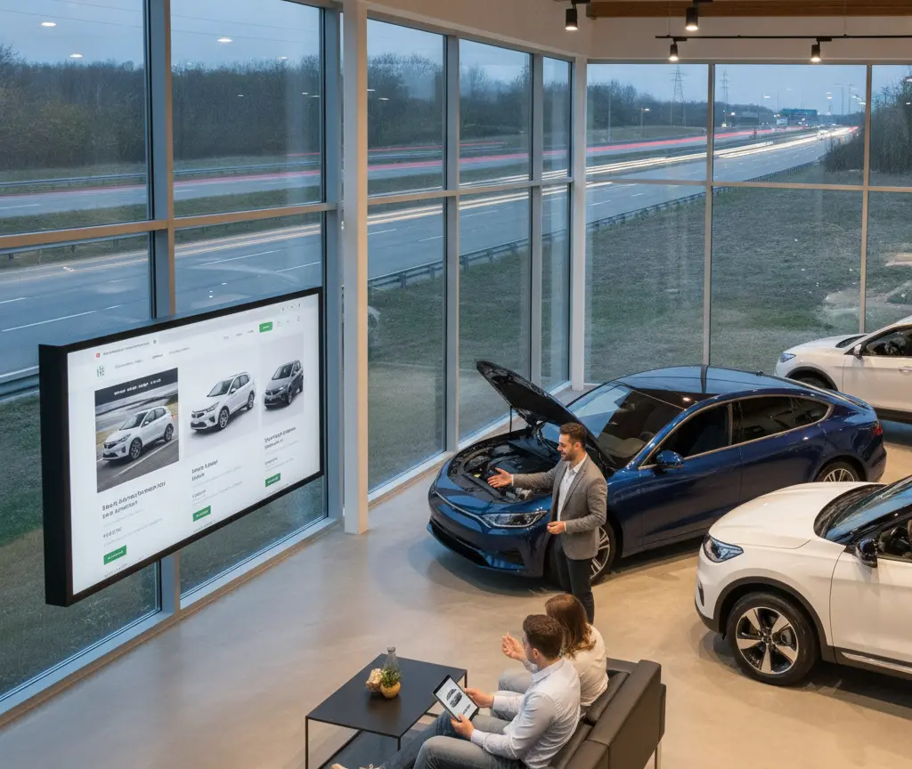 Een verkoper in een showroom toont een blauwe auto met openstaande motorkap aan een zittend koppel.